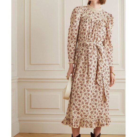 DÔEN Gabrielle lace-trimmed floral-print cotton-voile maxi dress medium m doen - Picture 1 of 5